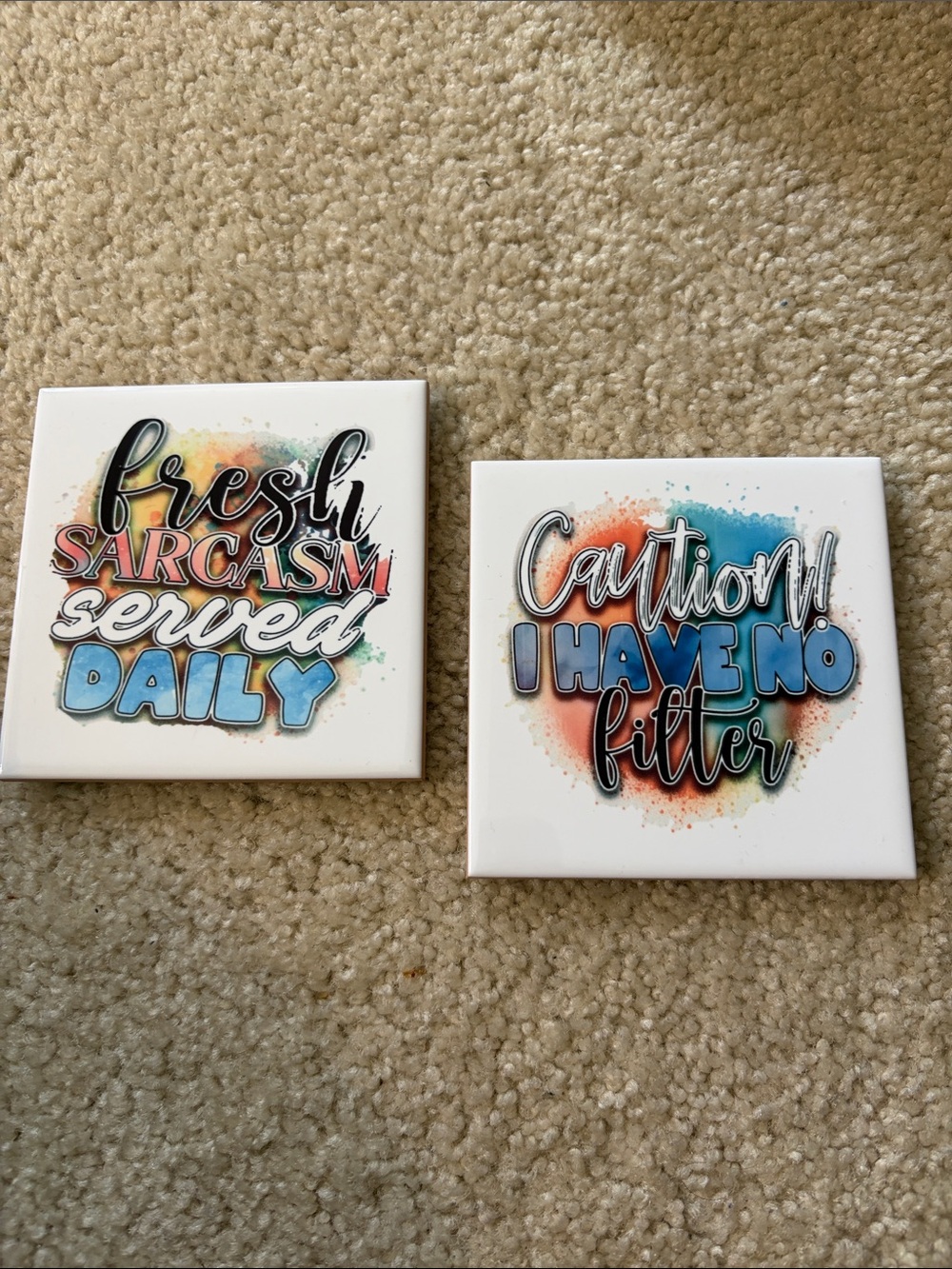 Set of 2 Humorous Ceramic Tile Coasters - Blue,Orange,Teal,White Accents - NWOT